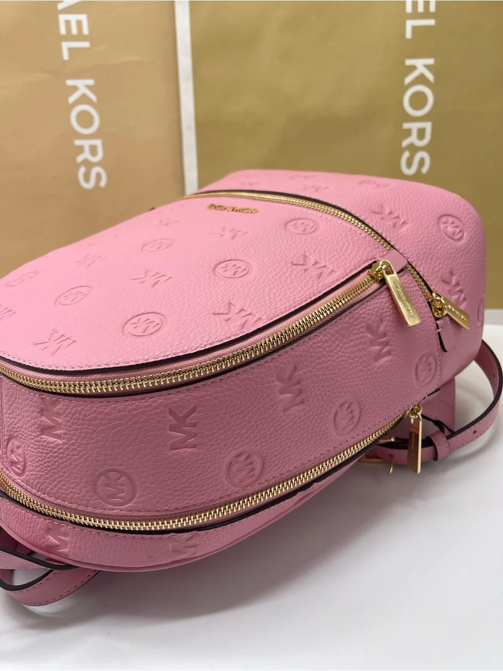 Michael Kors Rhea Medium Zip MK Logo Debossed Backpack Carnation NWT